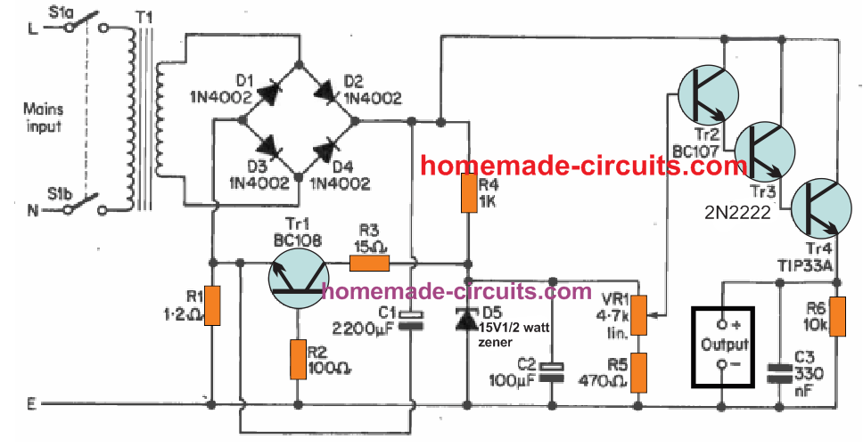 Variable Regulated Bench Power Supply using transistorized voltage regulator