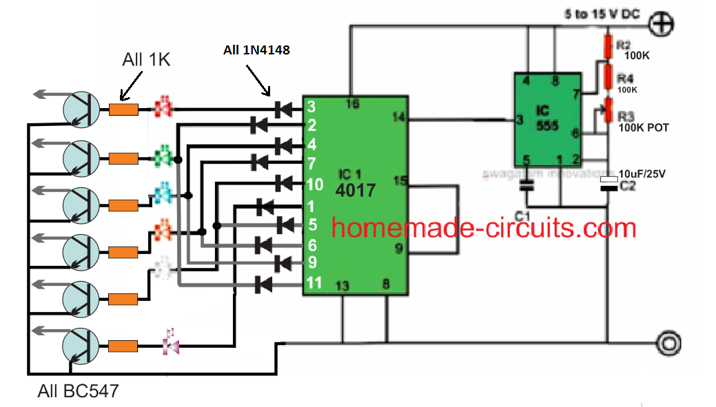 20 LED forward reverse chaser circuit