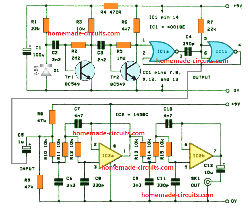 The circuit diagram of the amplifier and monostable stages of the fibre optic receiver