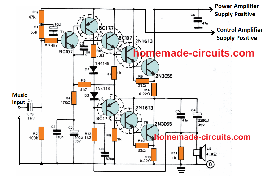 40 watt transistorized power amplifier circuit