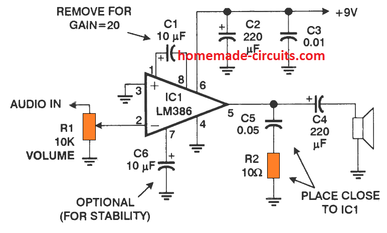 how to build a LM386 amplifier circuit