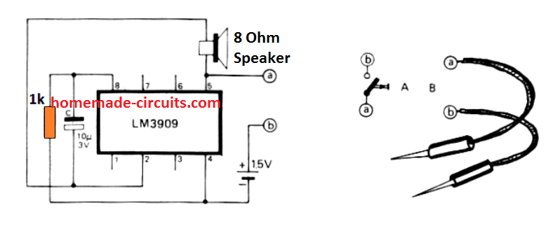 simple continuity tester circuit using LM3909 IC