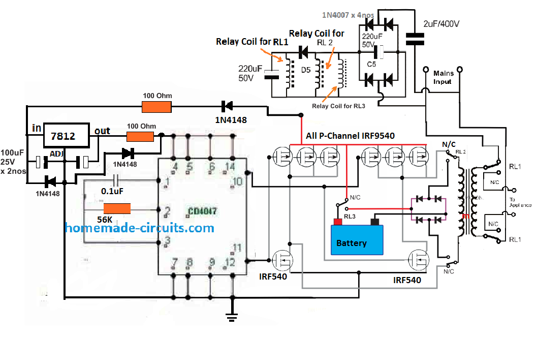 500 Watt Inverter Circuit With Battery Charger Homemade Circuit Projects