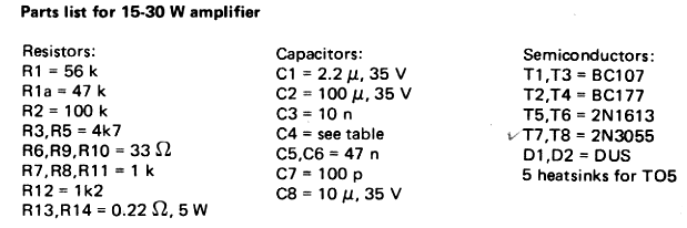 parts list for 30 Watt Power Amplifier Circuit