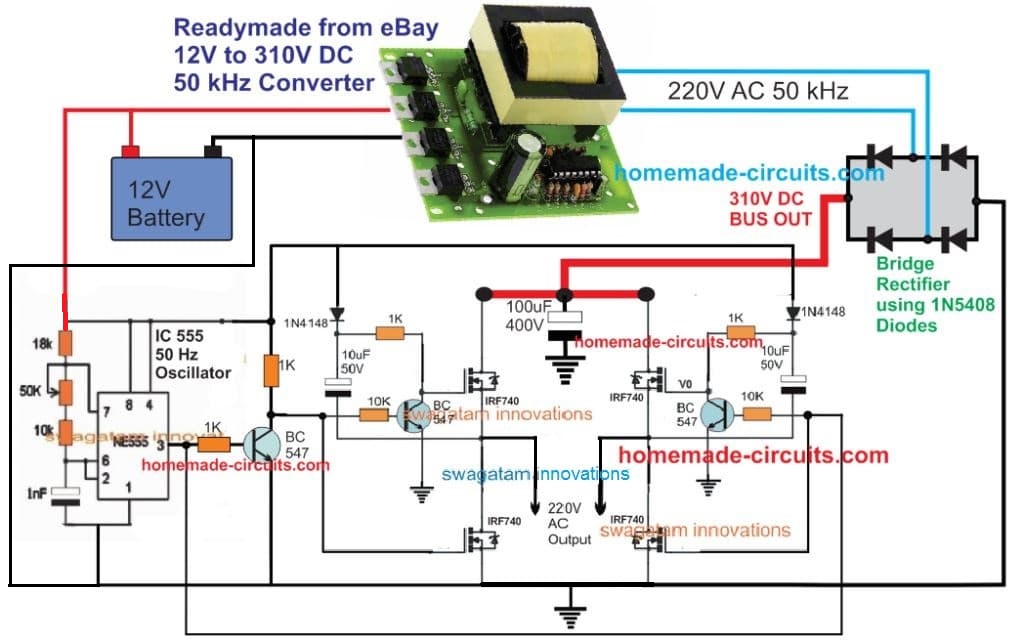 4 n channel full bridge IC 555 inverter circuit