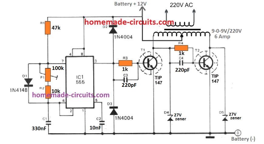 IC 555 inverter circuit using just two transistors