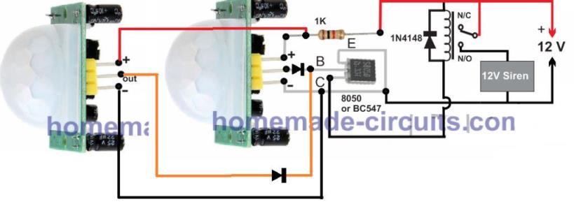 how to connect two PIR in parallel to activate asingle relay