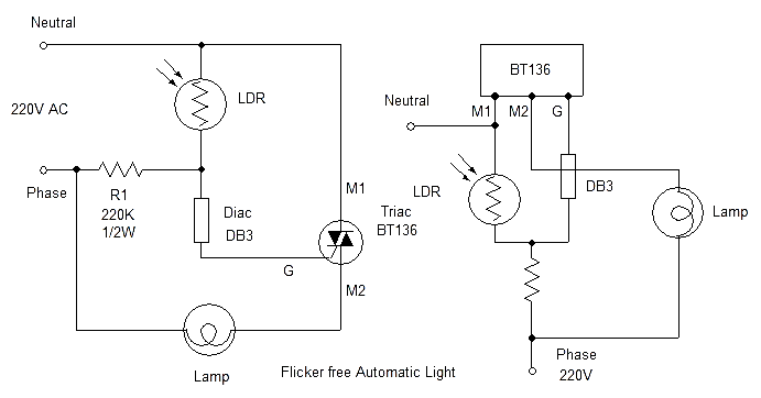 triac, diac LDR automatic night lamp circuit