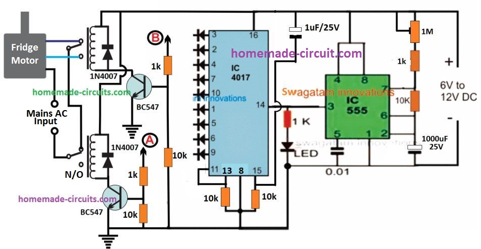 fridge motor wiring with 4017 timer circuit with reverse forward