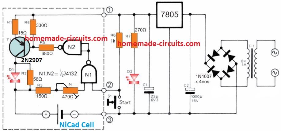simple NiCd charger circuit with overcharge protection and constant current charging