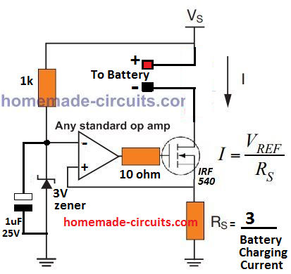 another current controlled lead acid battery charger circuit diagram using IC 741 and MOSFET