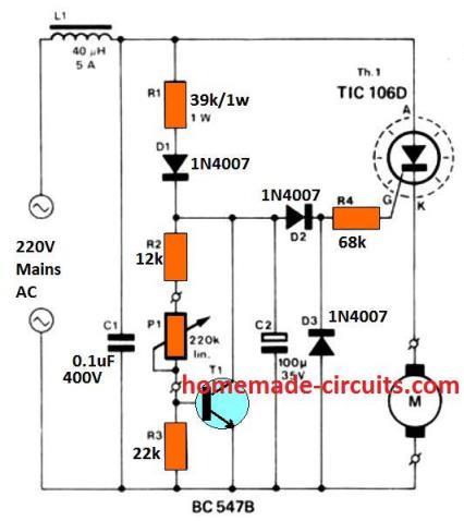 AC 220 V torque compensated motor speed controller circuit