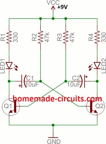 alternate LED flasher circuit using transistor astable