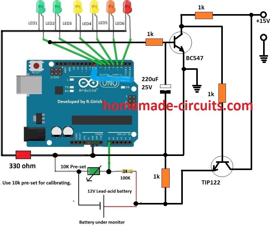 Arduino Battery Level Indicator Circuit | Homemade Circuit Projects