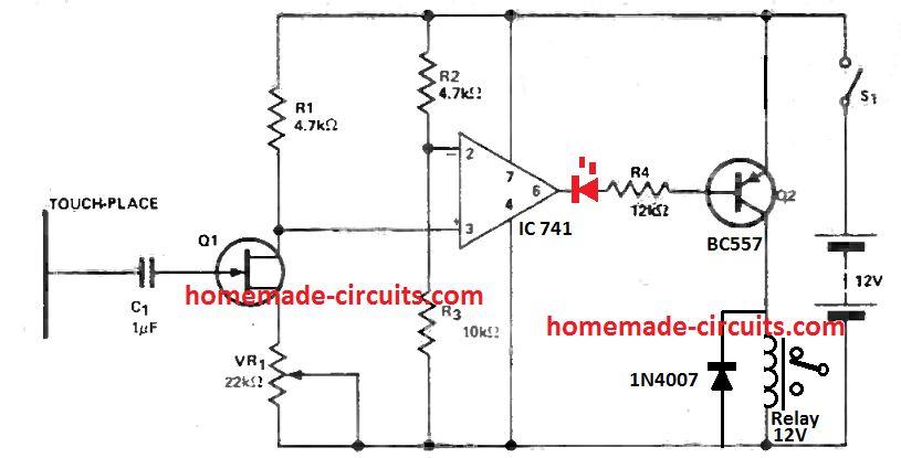 IC 741 capacitive touch sensor circuit proximity detector