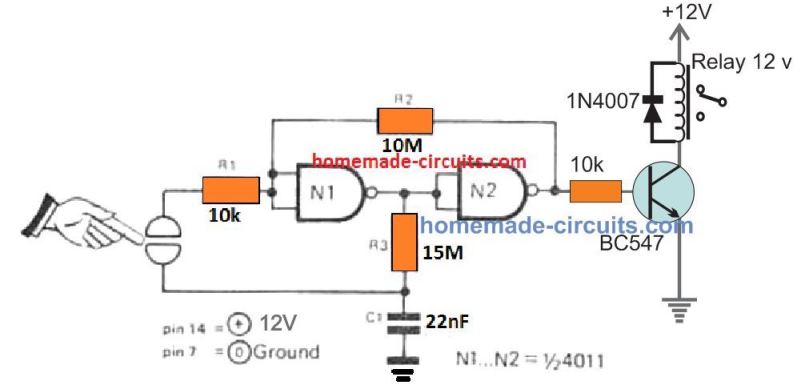 220V touch sensor circuit using just two NAND gates and a relay