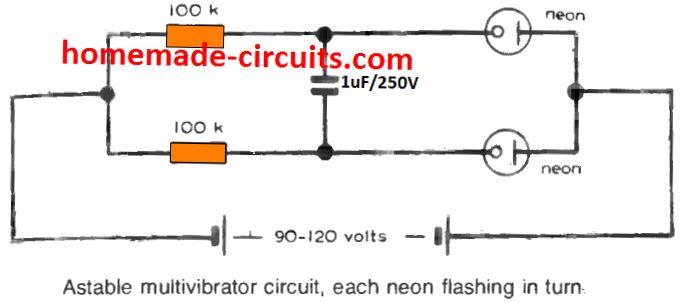 Astable multivibrator circuit, each neon flashing alternately