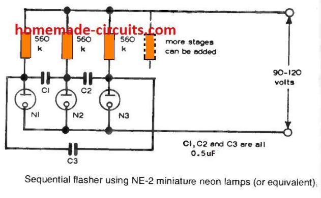 Sequential flasher using NE -2 miniature neon lamps