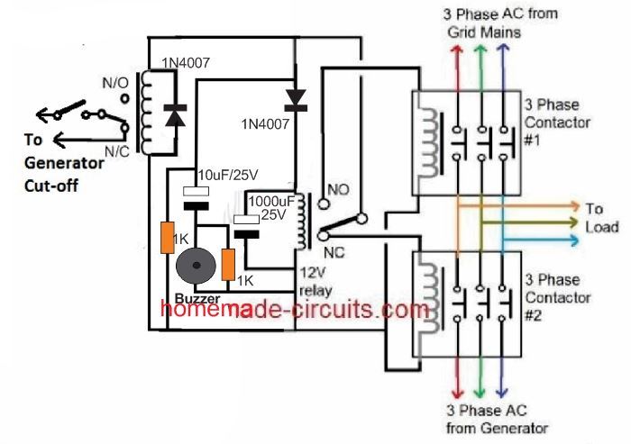 Grid Mains To Generator Changeover Relay Circuit Homemade