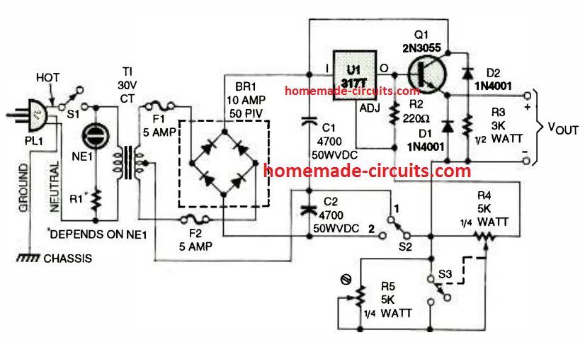 High Current LM317 Bench Power Supply circuit diagram