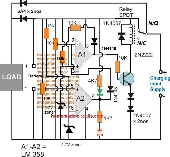 Op amp Battery Charger Circuit with Auto Cut Off | Homemade Circuit Projects