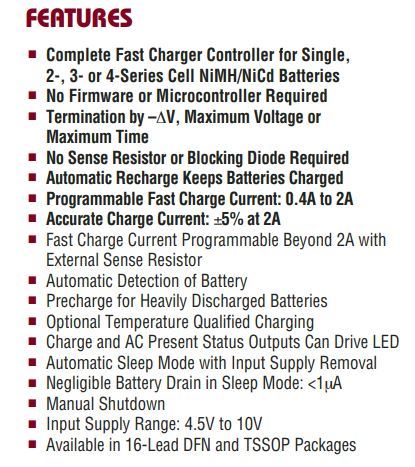 main features of the IC LTC4060 fast charger Li-ion battery