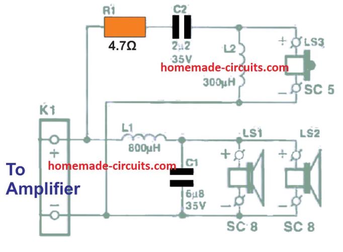 Surround sound center speaker cross over network circuit diagram