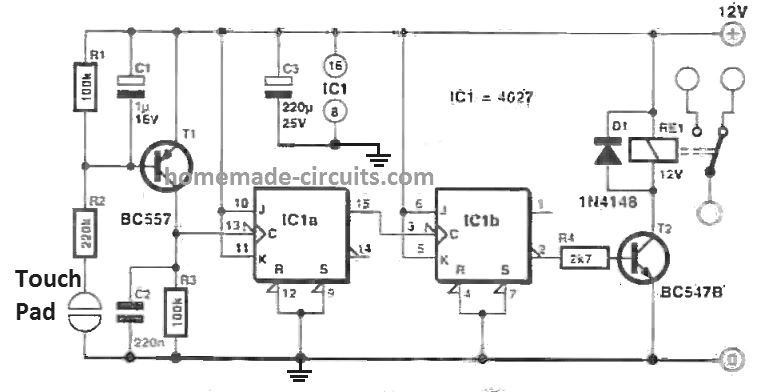 touch pad flip flop circuit diagram using IC 4027 and relay