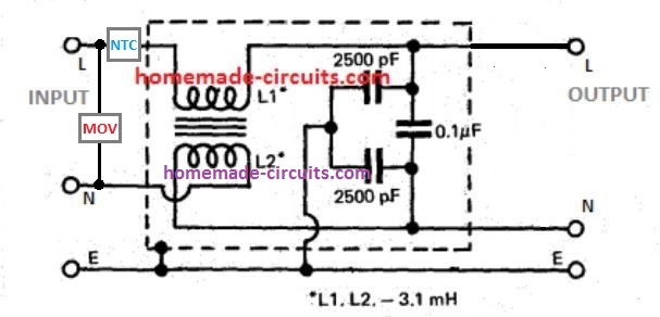 RFI EMI filter with surge supression circuit