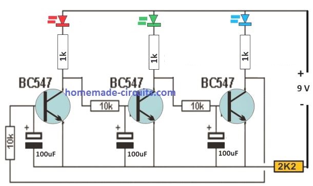 simple 3 LED RGB sequential flasher circuit