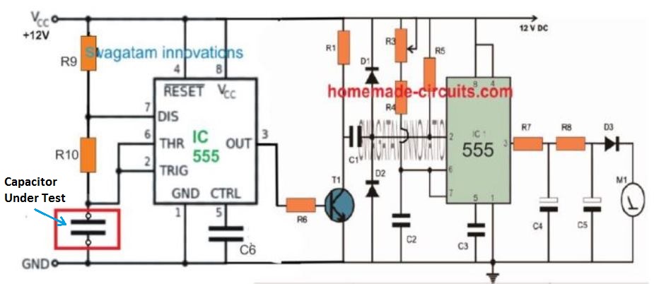 simple IC 555 based capacitance meter circuit