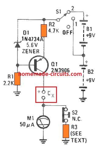 very simple capacitor leakage detector meter circuit