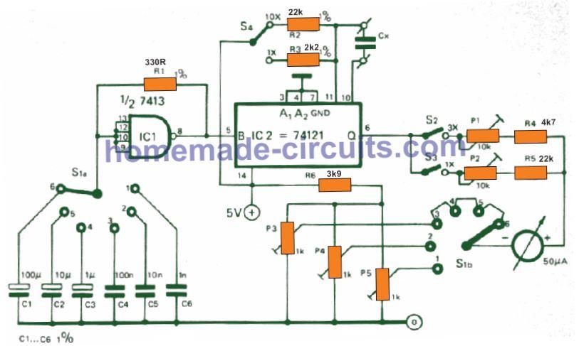 Capacitance Meter circuit using IC 74121