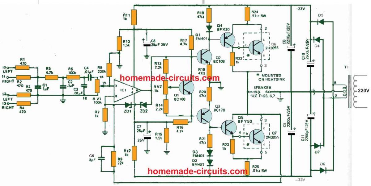 The bass boost filter and amplifier are combined as a single unit in this circuit.