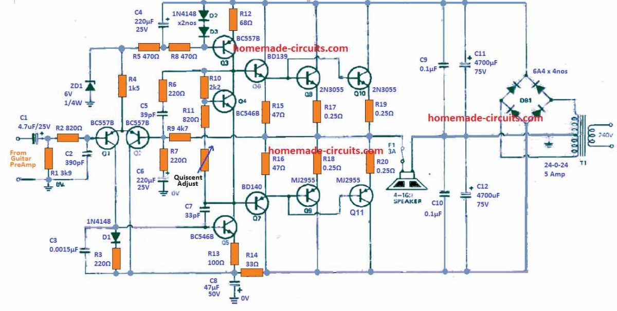100 Watt Guitar Amplifier Circuit | Homemade Circuit Projects