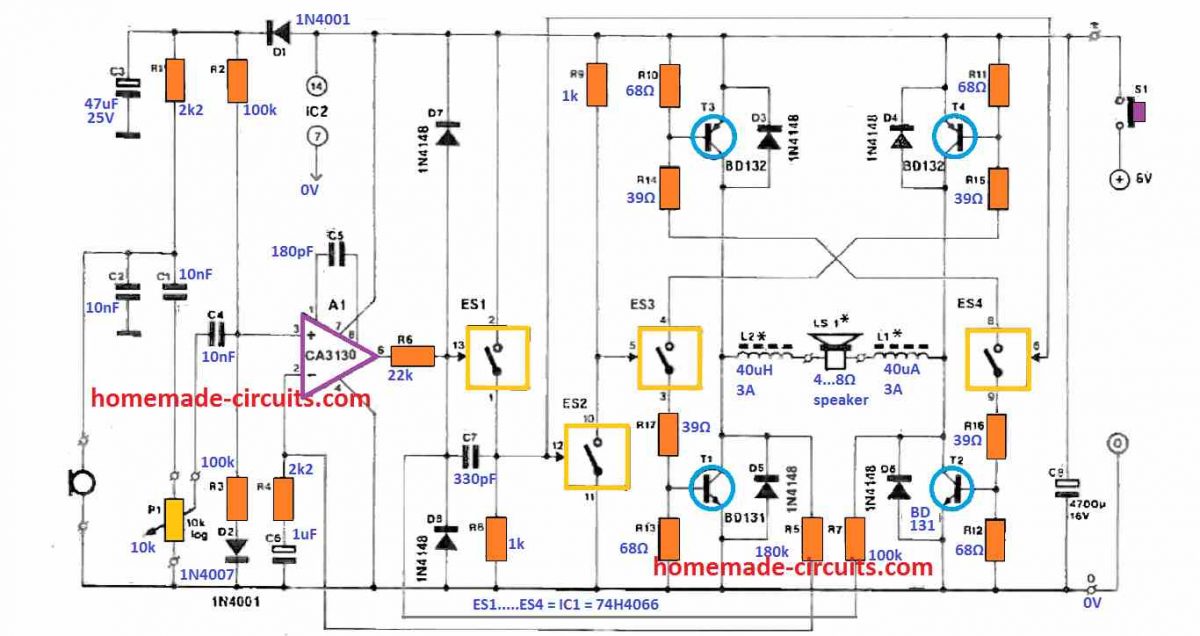 The schematics of a 4 W class-D amplifier used for public address purposes.