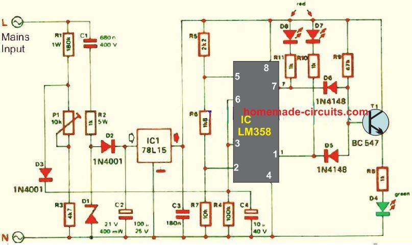 mains AC voltage indicator circuit using LM358 IC