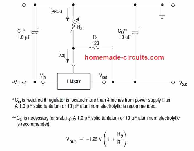 LM337 application circuit for negative adjustable voltage regulator power supply
