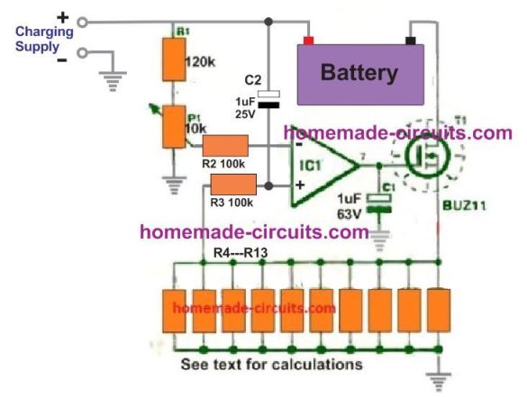 adjustable constant current lead acid battery charger circuit diagram using op amp and MOSFET