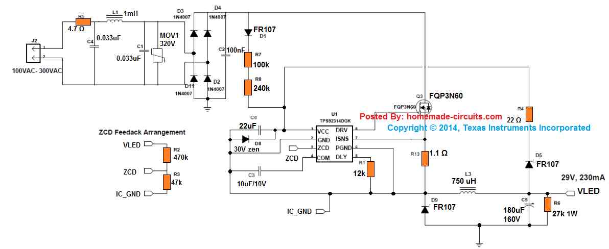 7 watt compact SMPS non-isolated driver circuit, 220V AC input, 29V 230 mA output, using IC TPS92314A