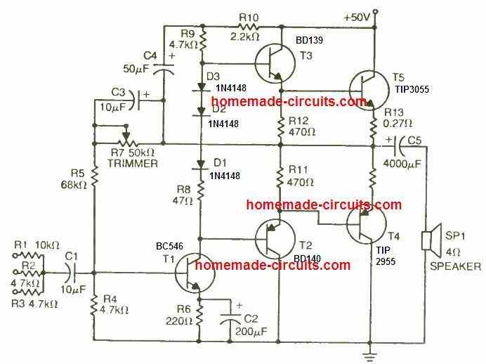 50 watt amplifier circuit using transistors