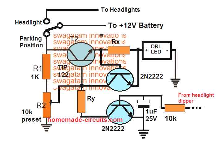 DRL with dimming facility and as parking light