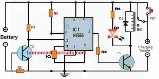 Current sensed lead acid battery charger circuit diagram using IC 555 and relay