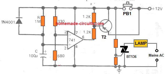 automatic bedroom lamp timer circuit diagram using IC 741 and triac