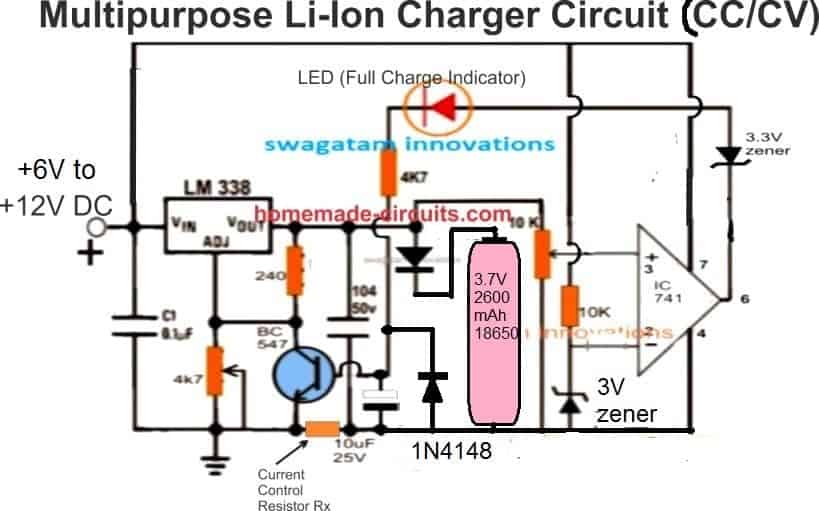 Simple (CC/CV) Auto cut-off Charger Circuit Diagram for Charging 18650 2600mAh Battery
