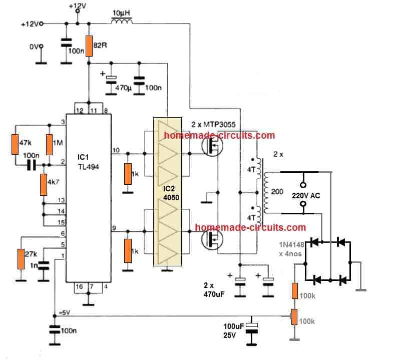 TL494 inverter circuit with feedback automatic constant output voltage correction