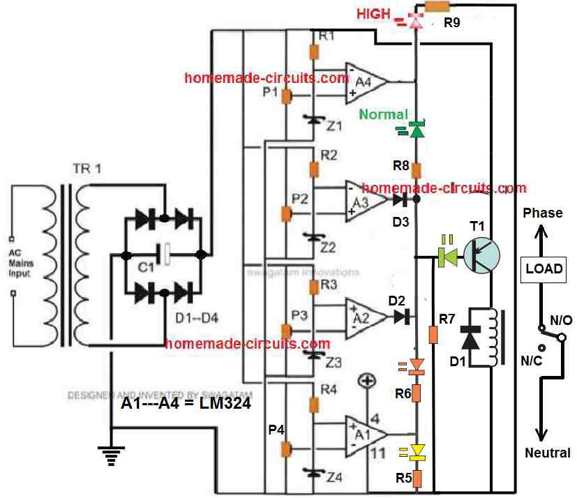 circuit diagram for High/Low Mains Voltage Cut-off with LED Indicators