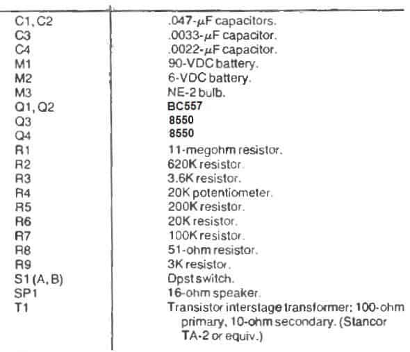 parts list for bird chirping sound simulator