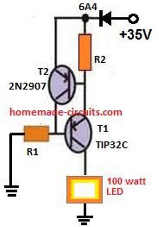 PNP transistor based LED current limiter circuit diagram