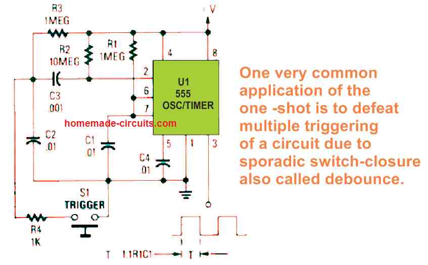 IC 555 monostable multivibrator circuit with push button